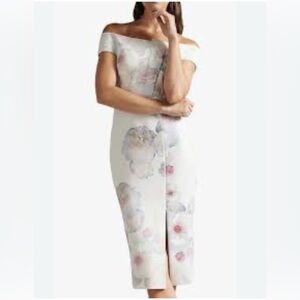 TED BAKER Lovez Bardot Bodycon White Watercolor Floral Midi Dress Size TED3/US 8